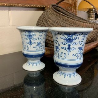 2 Colonial Williamsburg By Delft 6 " Blue Scroll Footed Vases Holland -