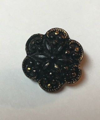 Vintage Antique Black Glass Gold Tone Flower Button 5928