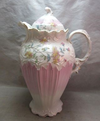 Antique Victorian Embossed Porcelain Chocolate Pot.  Pink