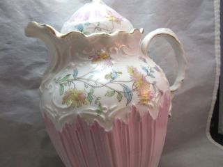 Antique Victorian embossed porcelain Chocolate pot.  Pink 4