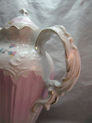 Antique Victorian embossed porcelain Chocolate pot.  Pink 6