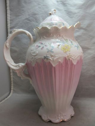 Antique Victorian embossed porcelain Chocolate pot.  Pink 8