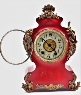 Antique Art Nouveau W L Gilbert Red Mantle Shelf Clock