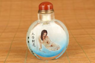 Antique Chinese Old Glass Hand Painting Girl Chrysanthemum Belle Snuff Bottle