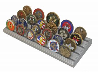 4 - Row Challenge Coin Display Stand Rack,  Solid Wood,  Silver Finish