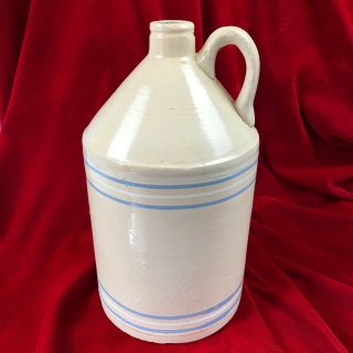 Antique Stoneware One - Gallon Jug Cream Colored With White & Blue Bands Handled