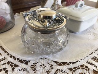 Antique Vintage Cut Glass Dresser Jar With Silver Lid