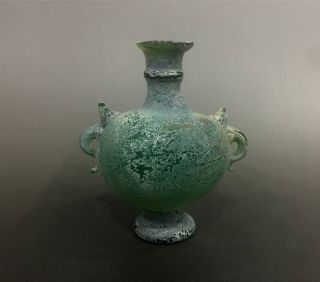 Rare Roman Old Green Glass Two - Ears Bottle
