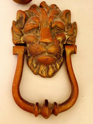 Large Vintage Solid Antique Brass Lion Head Door Knocker,  Strike Plate,  Peep