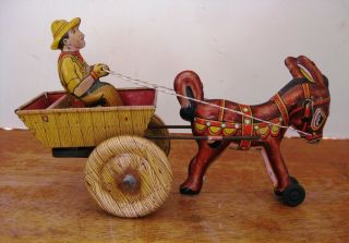 Marx Tin Litho Wind - Up " Stubborn Donkey " Donkey Cart Action Toy -