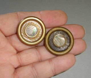 Pair Antique Button Brass Setting With Mother Of Pearl Centers