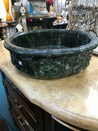 Large Solid Jade Fishbowl W/ Carving Throughout