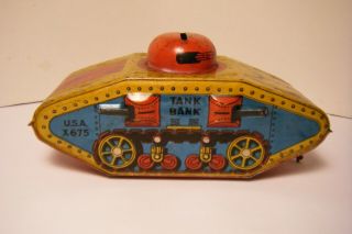 Vintage Tin Lithogrphed Army? Tank Still Bank Toy With Key