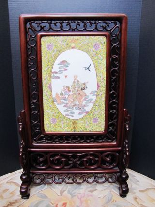 Antique Chinese Longevity Porcelain Plaque Mounted Table Screen 晚清粉彩人物瓷板插屏73cm H