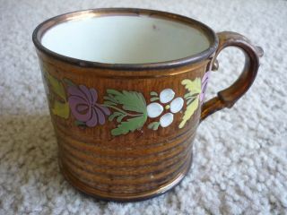 Copper Lustre Cup/mug Centered With Hand Painted Green,  Pink & Yellow