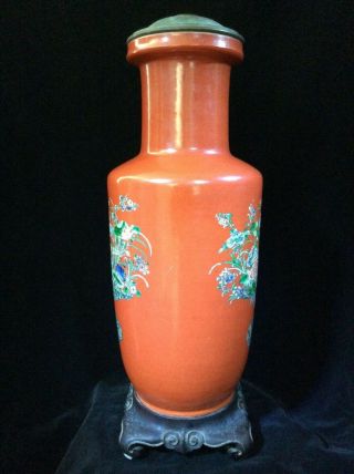ANTIQUE CHINESE PORCELAIN VASE FAMILLE VERTE ON CORAL 19th Century WITH STAND 11