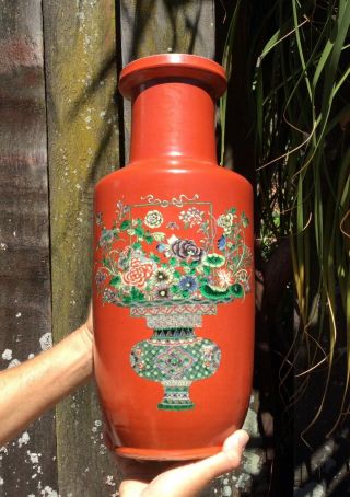 Antique Chinese Porcelain Vase Famille Verte On Coral 19th Century With Stand