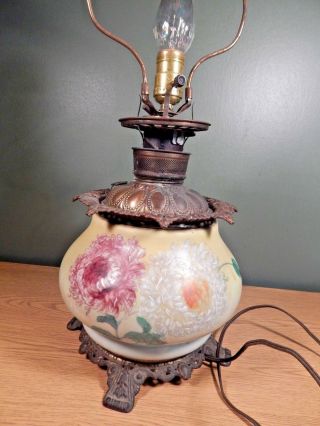 Antique Gwtw Oil Lamp Yellow With Hand Painted Florals,  Electrified