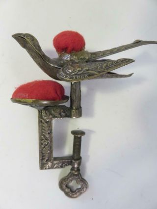 Victorian Brass Figural Bird Clamp On Pin Cushion