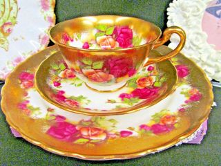Royal Chelsea Tea Cup And Saucer Trio Golden Rose Pattern Thick Gold Teacup Set