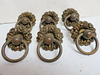 Set Of 6 Antique Victorian Fancy Brass Drawer Large Ring Pulls Hardware C1890s,