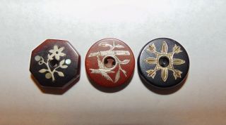 3 Scarce Small Antique Horn Inlayed Whistle Picture Buttons 2013