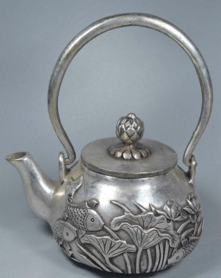 Ancient Collectable Handwork Old Miao Silver Carve Goldfish Lotus Lucky Tea Pots