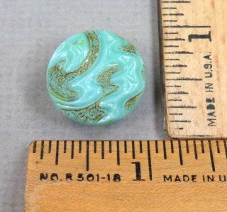 Victorian Glass Button 22,  Embossed / Painted Artsy Design,  Light Green Color