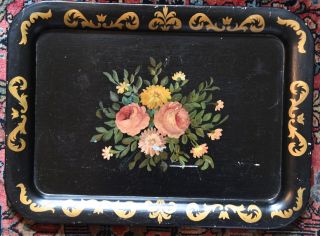 17 " Vintage Cabbage Rose Floral Black Hand Painted Tole Serve Tray Folk Art Tin