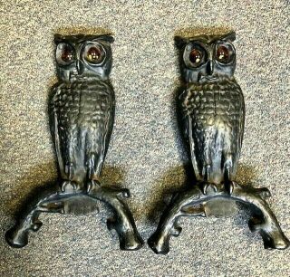 Pair Antique Cast Iron Owl Andirons Glass Amber Eyes For Fireplace