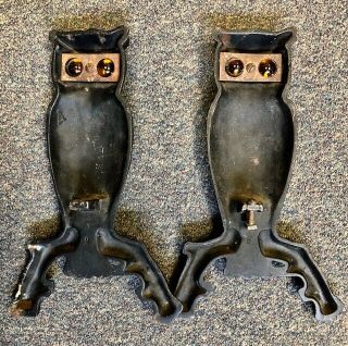 Pair Antique Cast Iron Owl Andirons Glass Amber Eyes for Fireplace 2