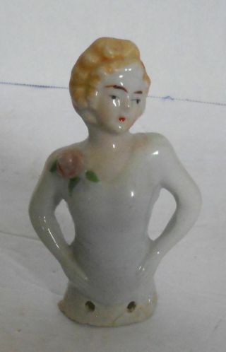 Vintage Porcelain Pin Cushion Half Brush Doll Half Body Blonde Hair