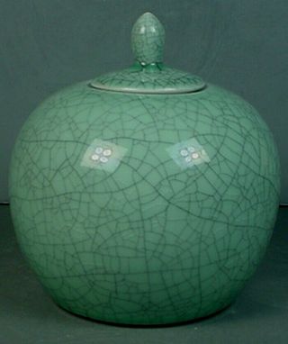 Vintage Chinese Guan Ware Type Celadon Crackle Glazed Porcelain Melon Jar