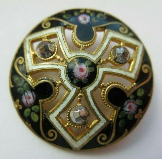 Gorgeous Antique Vtg French Champleve Enamel Button Pink Roses & Cut Steels (b)