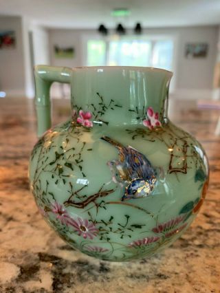 Signed Chinese Porcelain Creamer In Celadon With Enamel Decorations