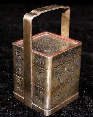 Old Collectable Antique Tibet Silver Hand Carve Immortal Flower Three Layers Box 5