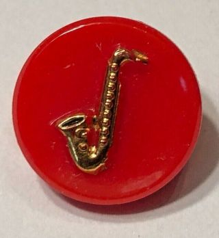Cute Vintage Glass Kiddie Button - Gold Saxophone On Red,  1/2 "