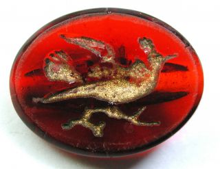 Bb Antique Oval Ruby Glass Button W Gold Flying Bird 5/8 " 1890s