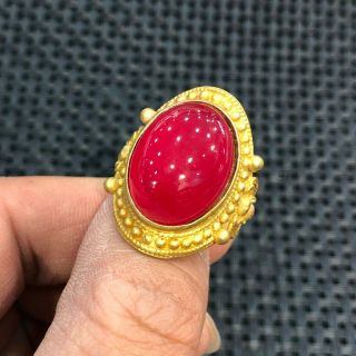 Collectible Chinese Copper & Red Jadeite Jade Bead Handwork Rare No.  8 - 12 Ring