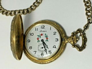 Vintage Arnex Pocket Watch 17 Jewel Incabloc Swiss Deer Hunter Case w/Fob 1765 2