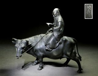 Signed Large Jurojin With Ox Okimono Statue Japanese Vintage Artwork