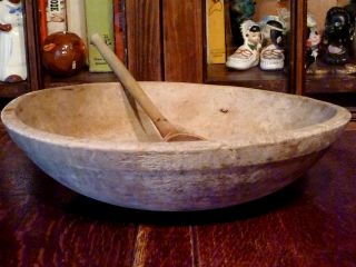 13 " Antique Primitive Grungy Wooden Dough Bowl Rustic Kitchen Folk Art W/ Spoon