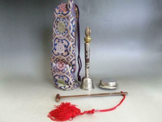 Japanese Vintage Brass Buddhist Bell Rin & Buddhist Article Sankosho W/bag/ 8657