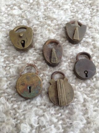 6 Antique/ Vintage Small Brass Padlocks - 1 Vr Mark - No Keys At All.