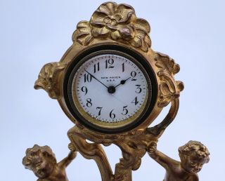 Art Nouveau Haven Clock Gilt Cherubs Usa 8 " Tall Metal Wind Up Gold