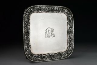 19th Century Tiffany & Co Square Sterling Silver Serving Tray W/ Repousse Floral