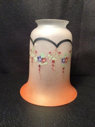 Vtg Frosted Glass Lamp Shade Hand Painted Flowers W/ Amber Bell - Shaped Bottom