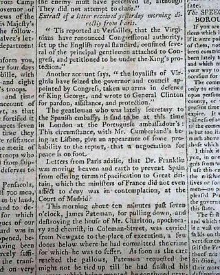 Citizens Of Virginia & Loyalty To King Of England ? 1780 Uk Rev.  War Newspaper