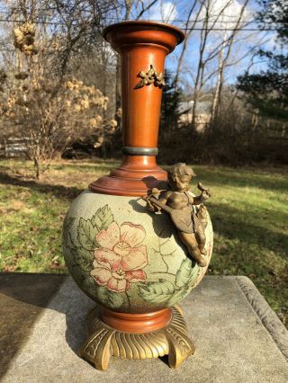 Antique Champleve Enamel Ormolu Bronze/brass Cherub Tall Vase ?french