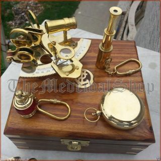 Nautical Brass Gift Set Vintage Maritime Compass/telescope/sextant W/wooden Box